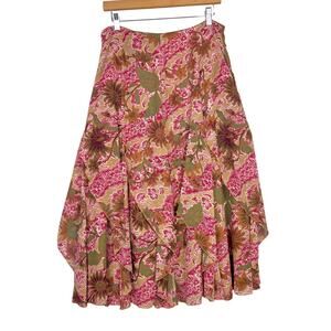 Bandolino 8 Bali Tiered Flare Ruffle A-Line Women's Red Tan Floral Maxi Skirt